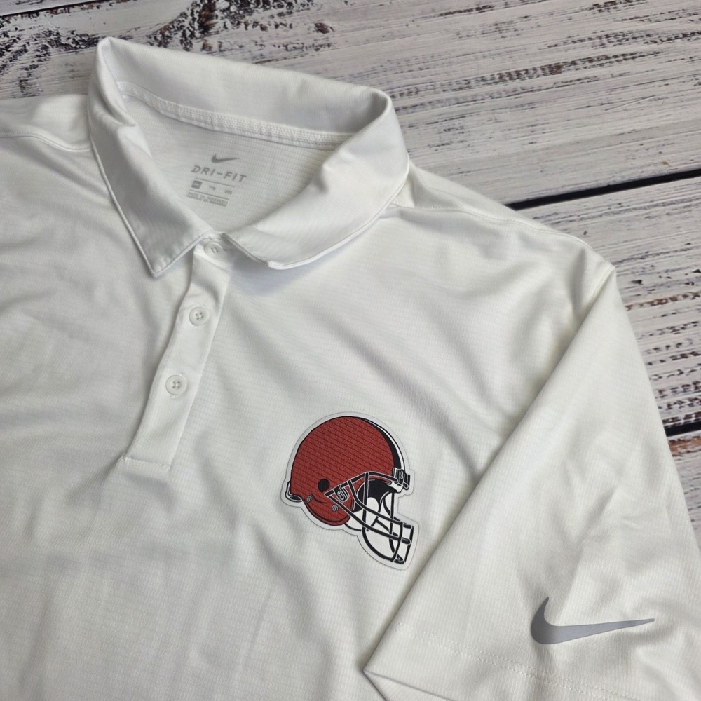Nike Dri Fit Cleveland‎ Browns Polo Shirt Mens 2XL White Short Sleeve Polyester